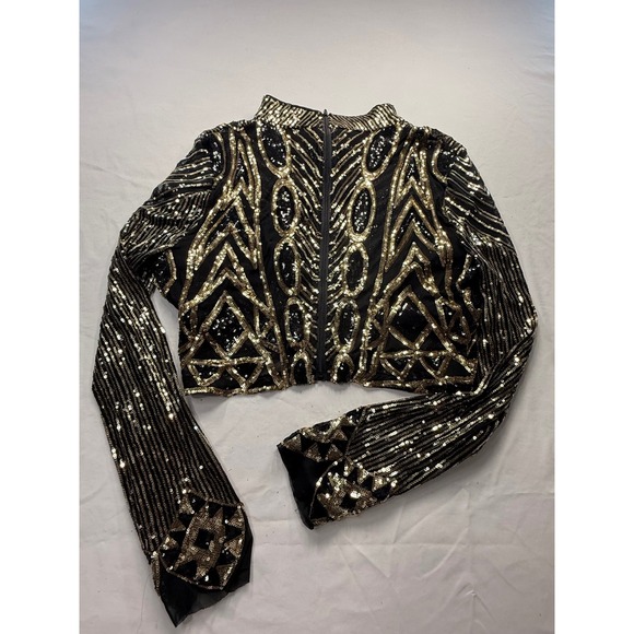 Fashion Nova Tops - Gold Black Sequin Crop Top Long Sleeve Art Deco Geometric Festival Mock Neck